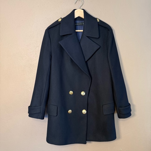 Zara Women's Navy Wool Double-Breasted Peacoat with Gold Buttons Size Large - Picture 6 of 14